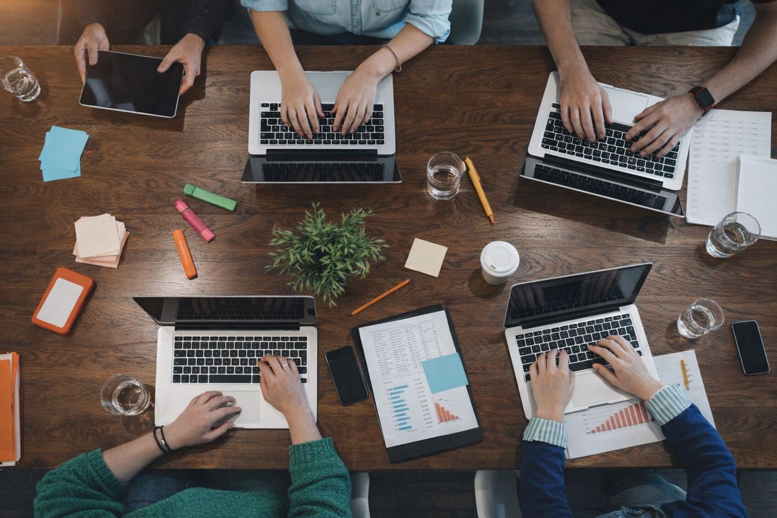 Människor arbetar tillsammans vid ett stort träbord på ett kontorshotell.