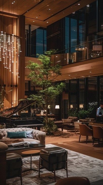 Varmt belyst hotellobby med piano, växter och sittgrupper